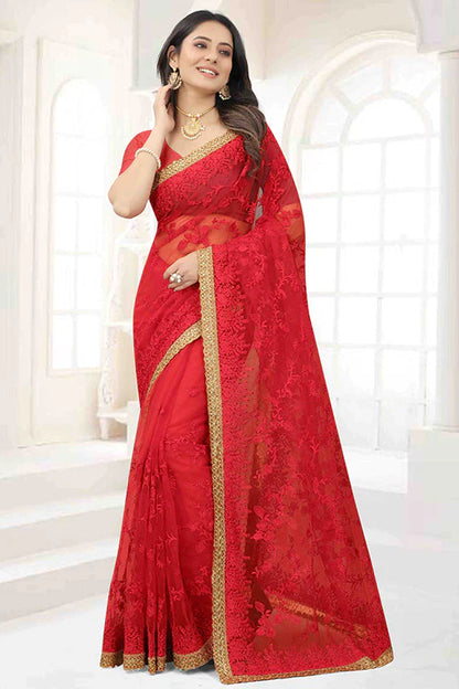 Red Colour Net Designer Saree