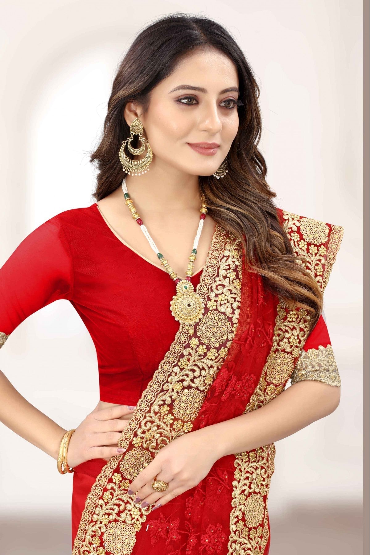 Red Colour Net Designer Saree