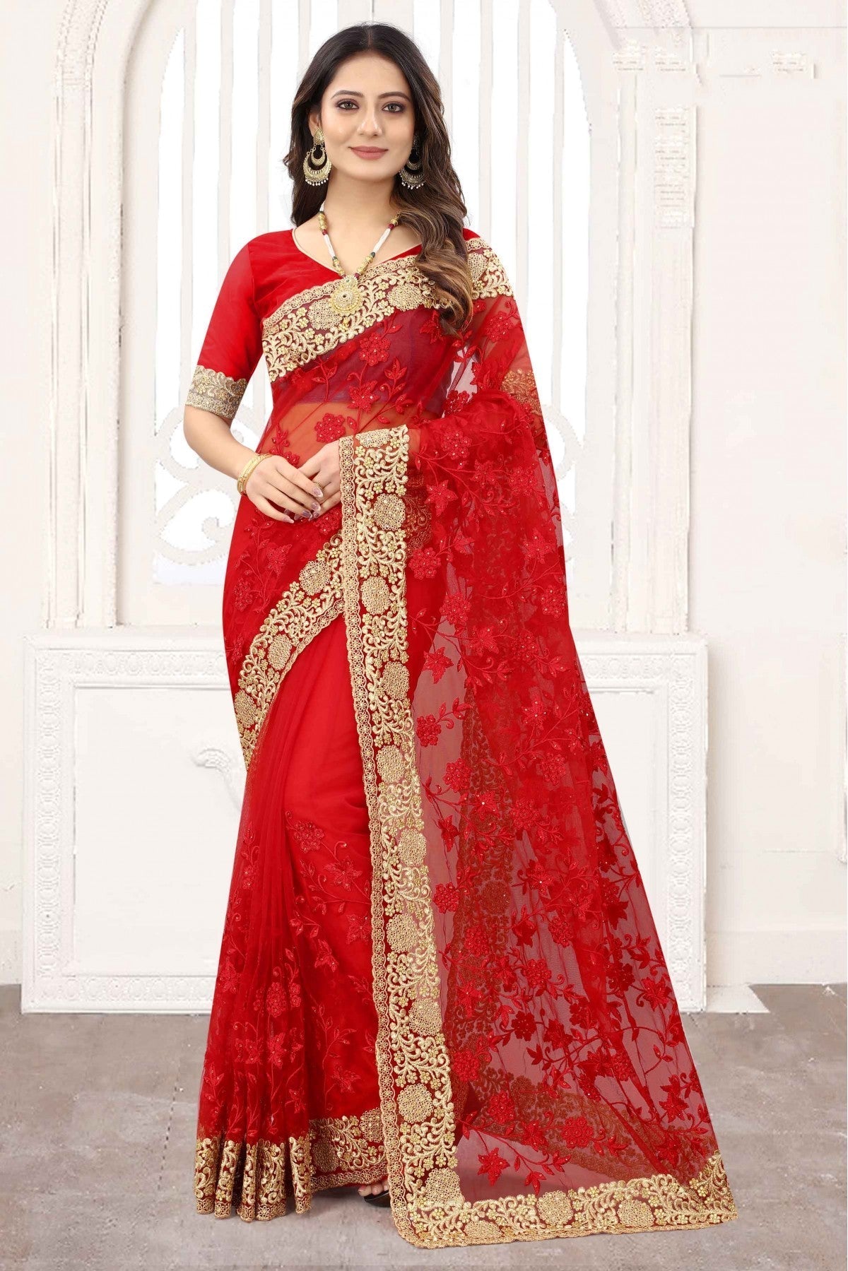 Red Colour Net Designer Saree