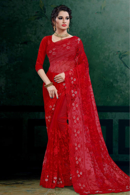 Red Colour Net Embroidery Saree