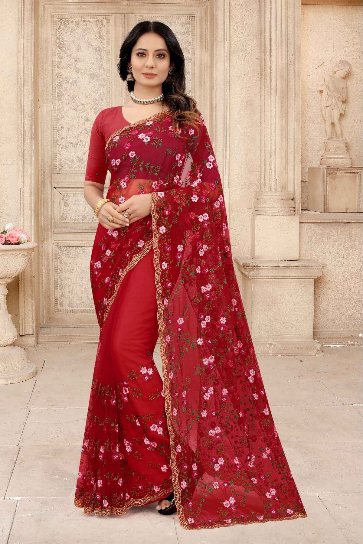 Red Colour Net Embroidery Saree