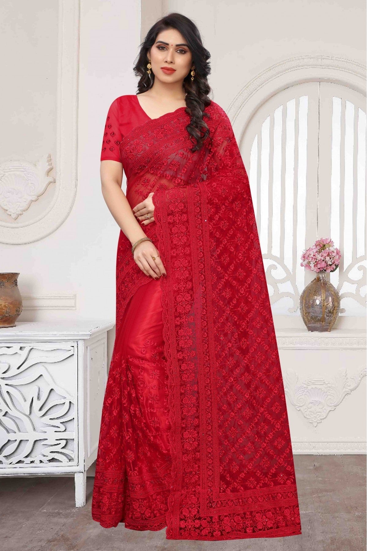 Red Colour Net Embroidery Saree