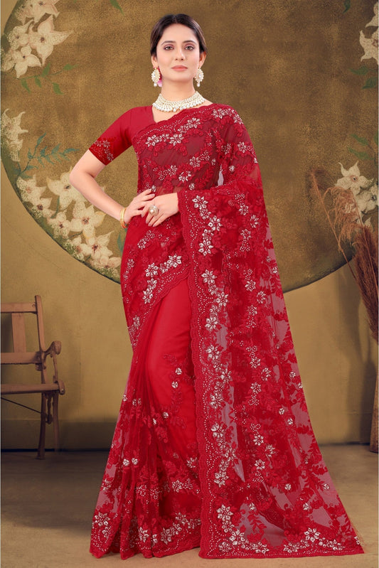 Red Colour Net Embroidery Saree