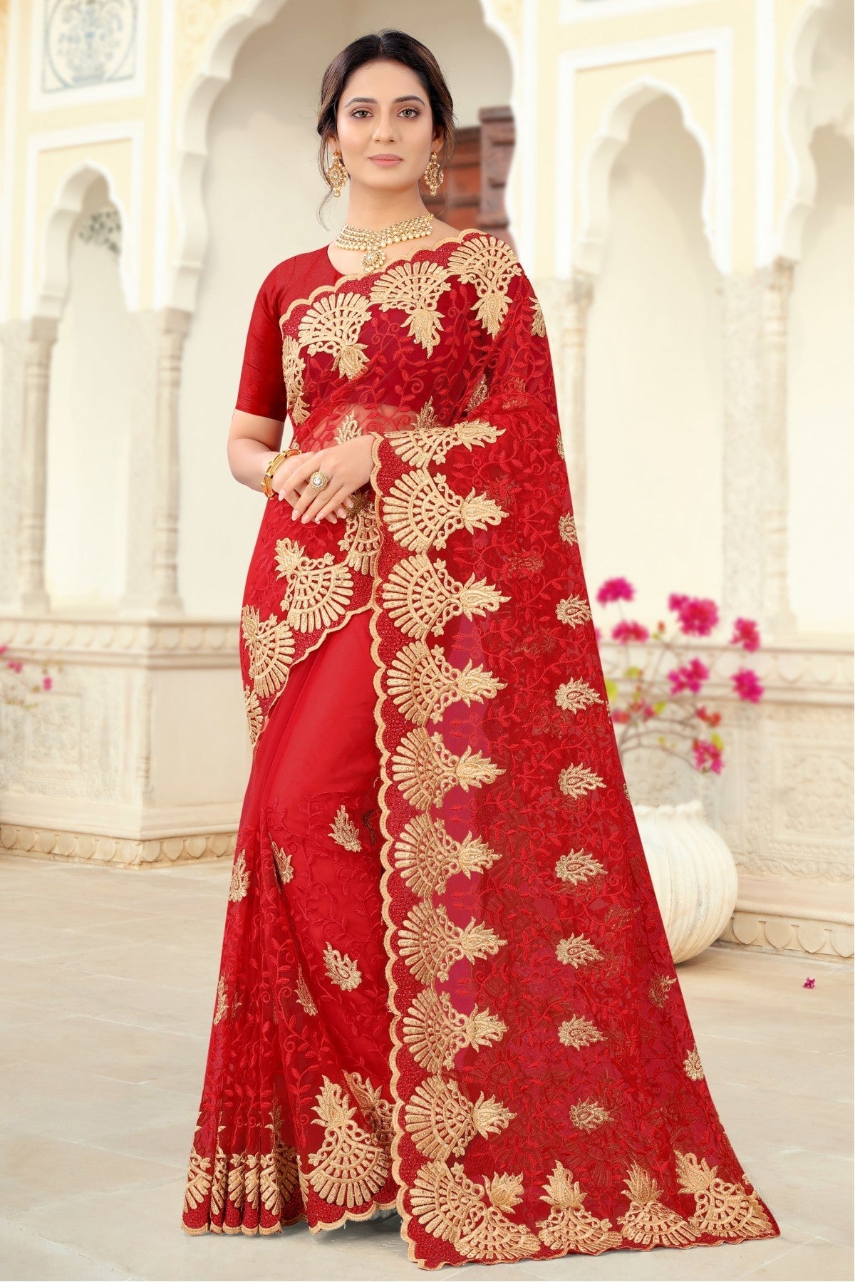 Red Colour Net Embroidery Saree