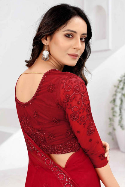 Red Colour Net Embroidery Saree