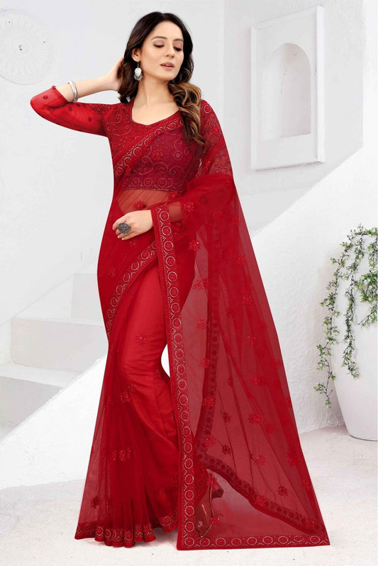 Red Colour Net Embroidery Saree