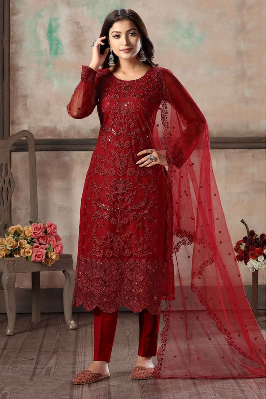 Red Colour Net Pant Style Suit