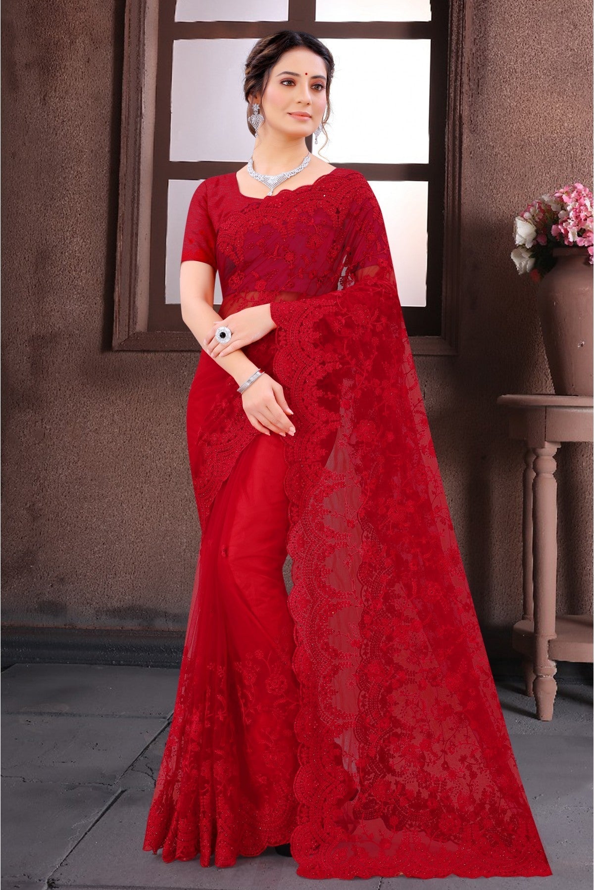 Red Colour Net Resham Work Saree