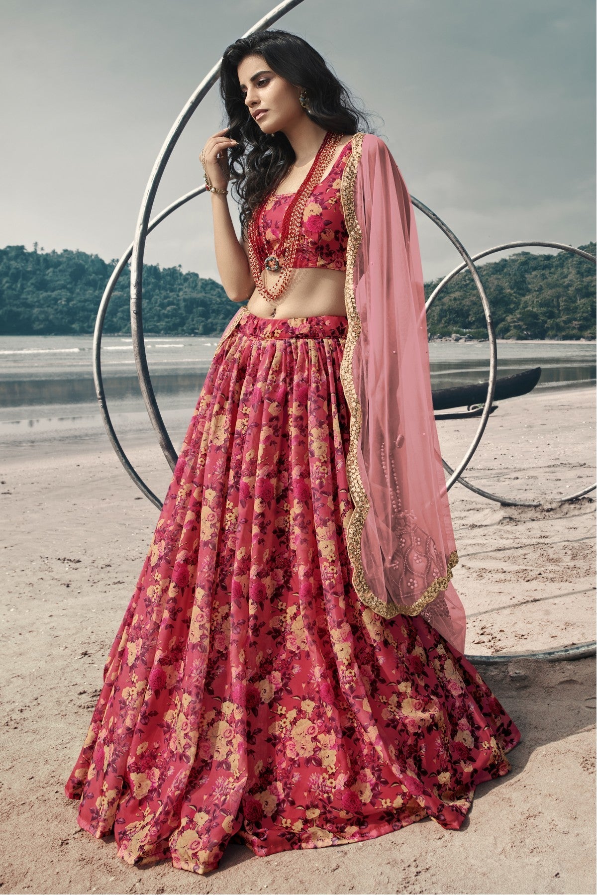 Red Colour Organza Printed Lehenga Choli