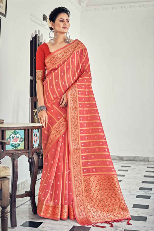 Red Colour Organza Woven Saree