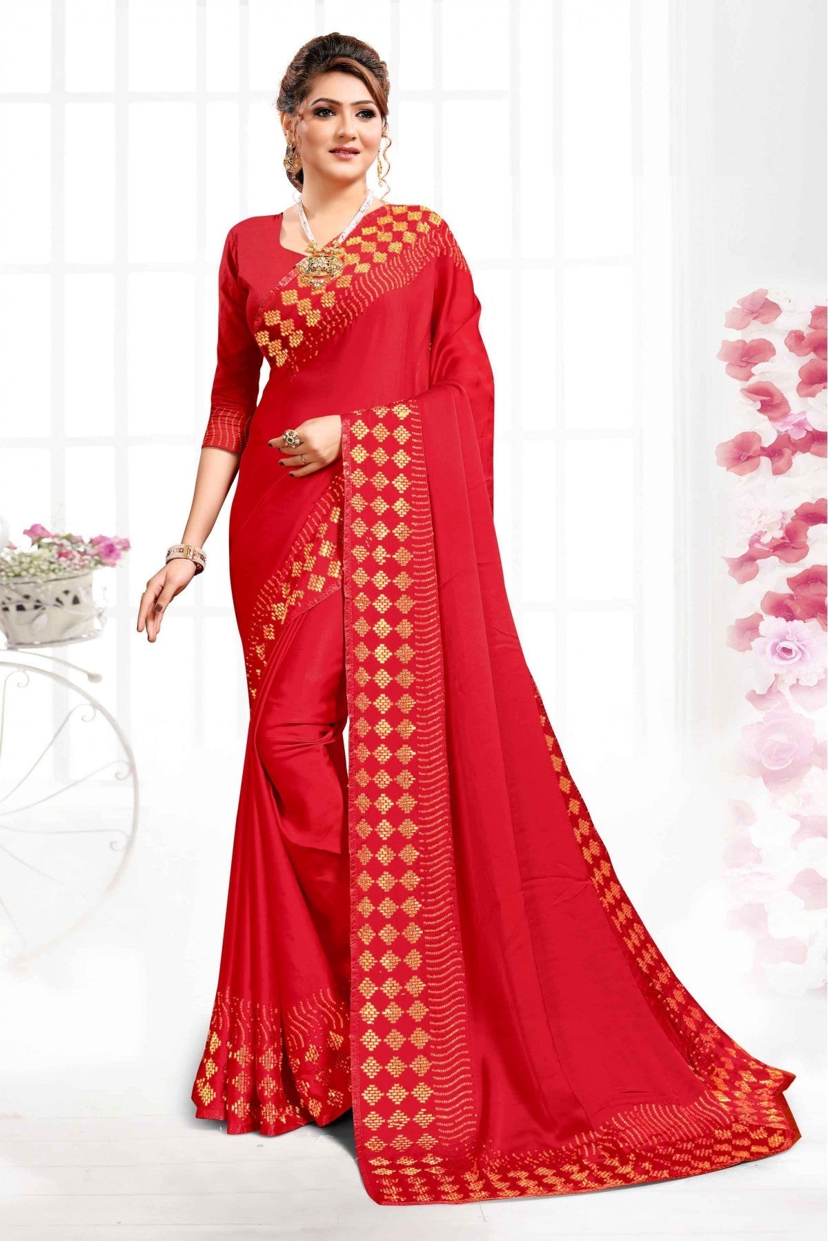 Red Colour Pure Satin Swarovski Work Saree