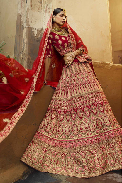 Red Colour Pure Velvet Zari Work Lehenga Choli