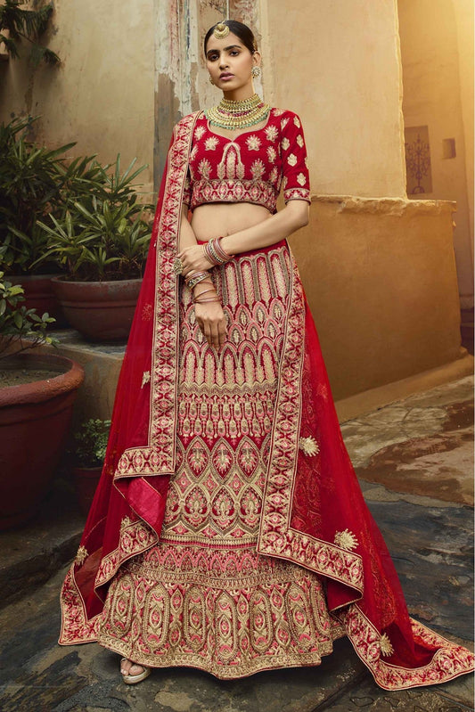 Red Colour Pure Velvet Zari Work Lehenga Choli