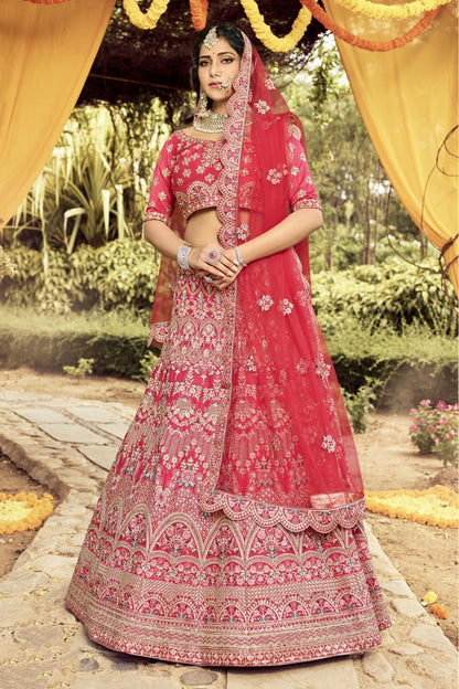 Red Colour Raw Silk Embroidery Bridal Lehenga Choli