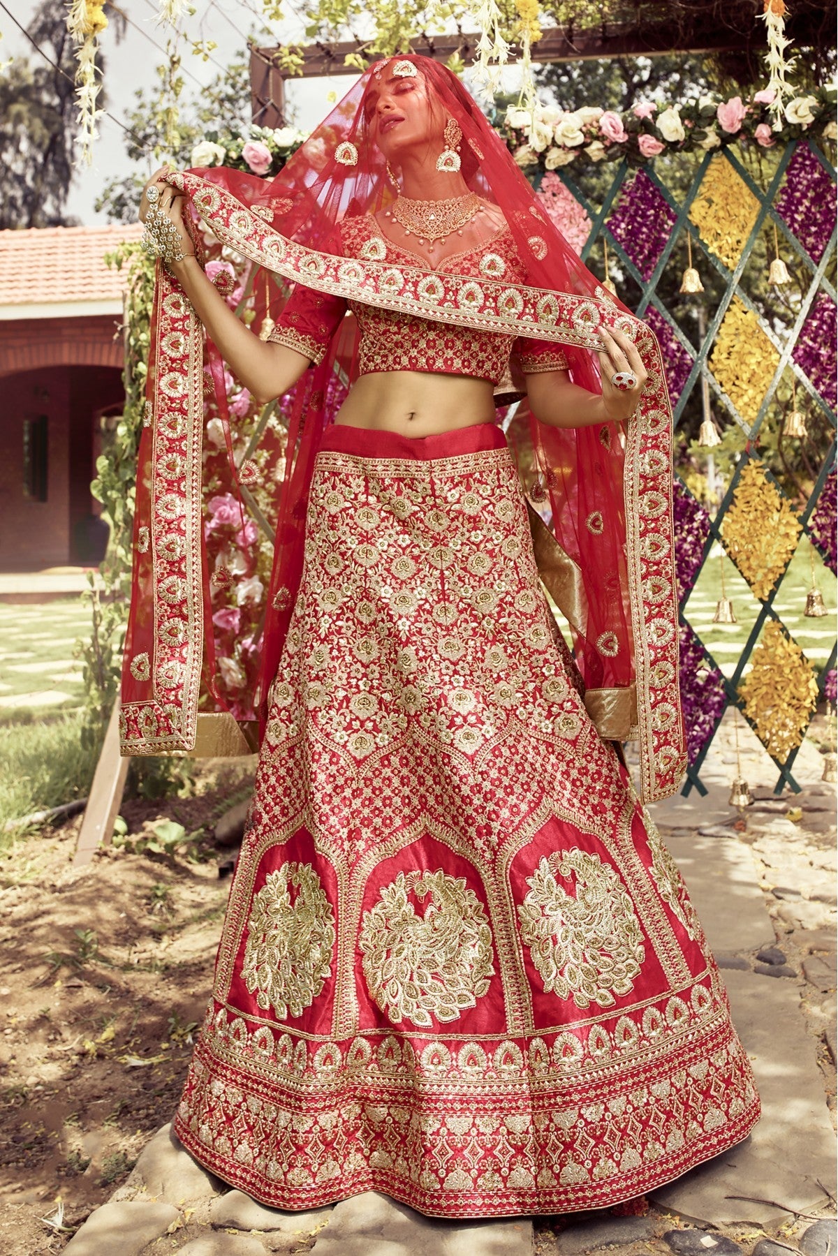 Red Colour Raw Silk Embroidery Bridal Lehenga Choli