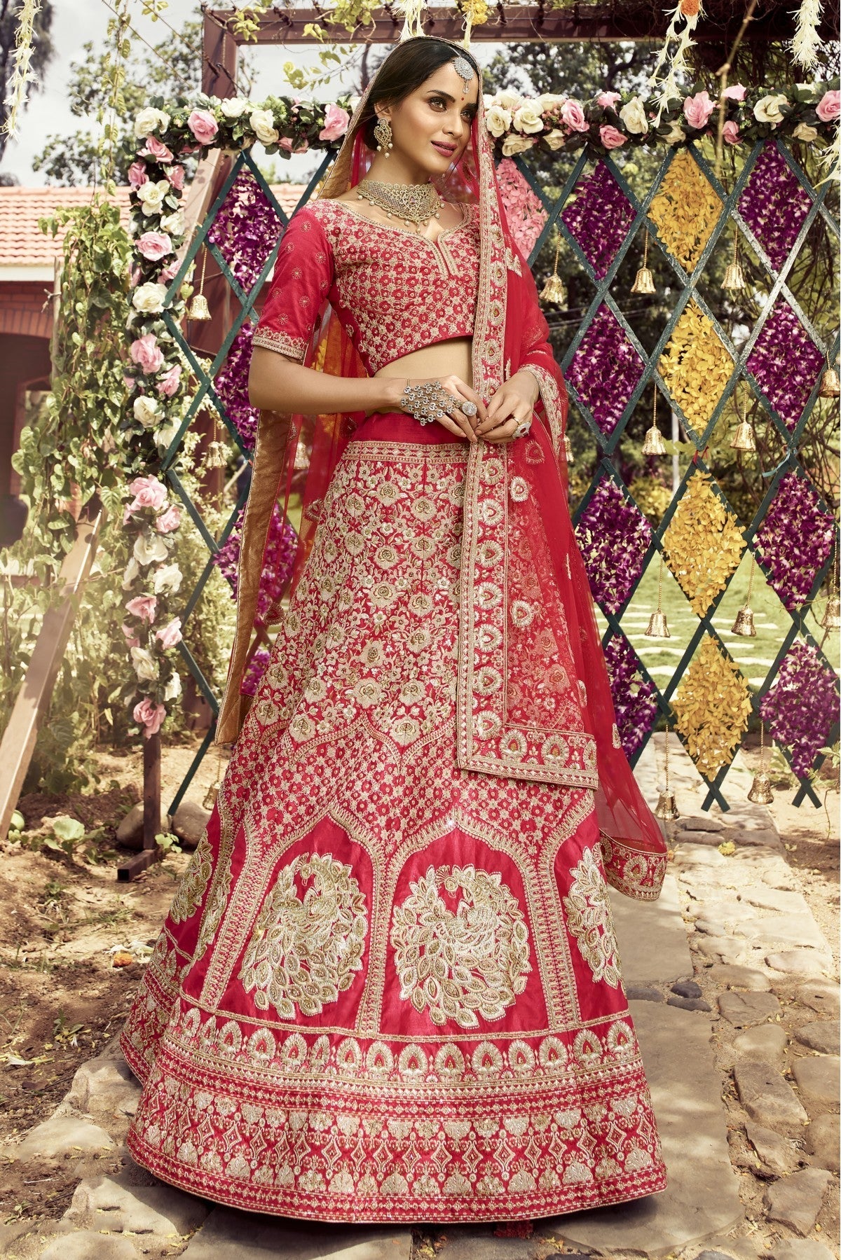 Red Colour Raw Silk Embroidery Bridal Lehenga Choli