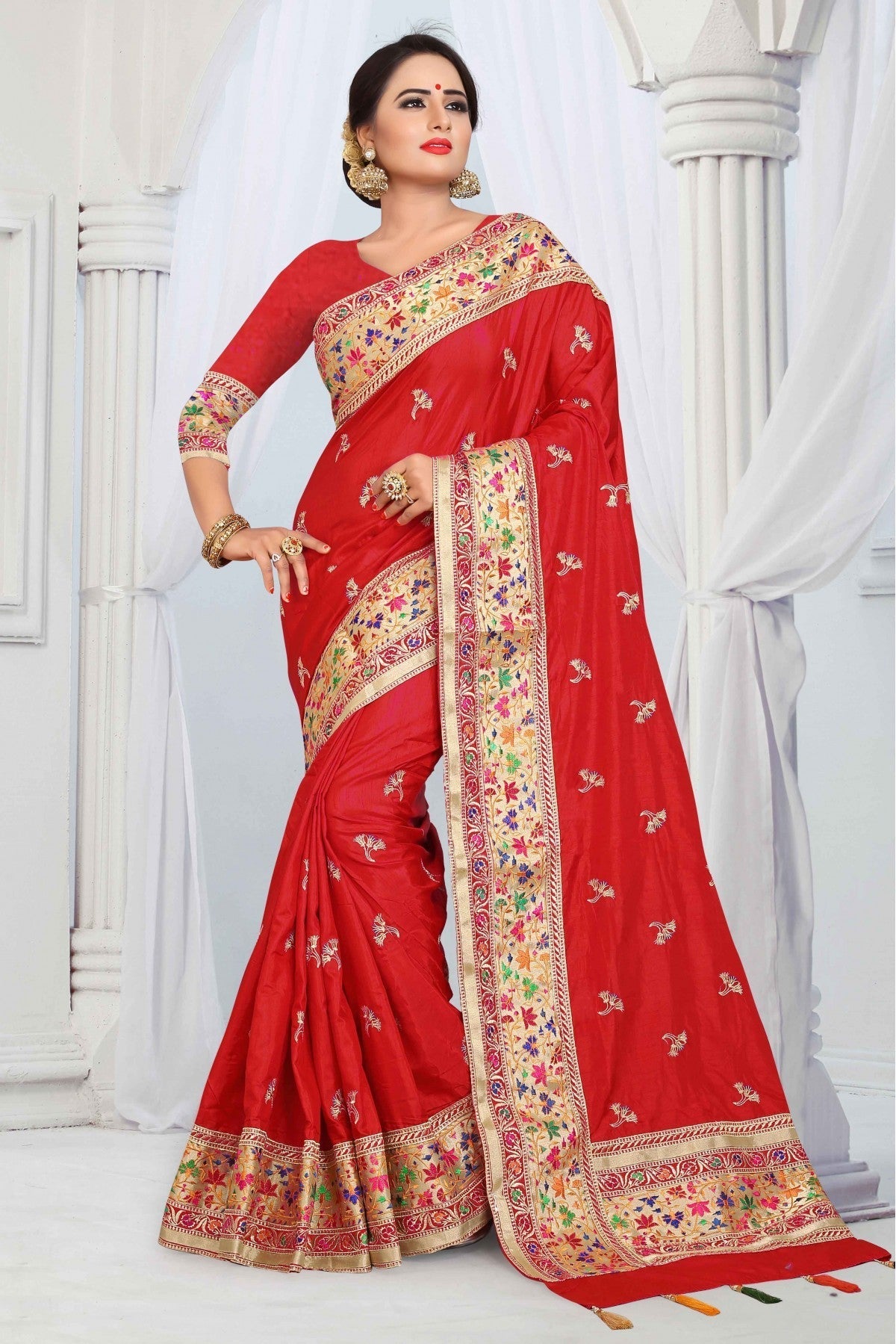 Red Colour Sana Silk Woven Saree