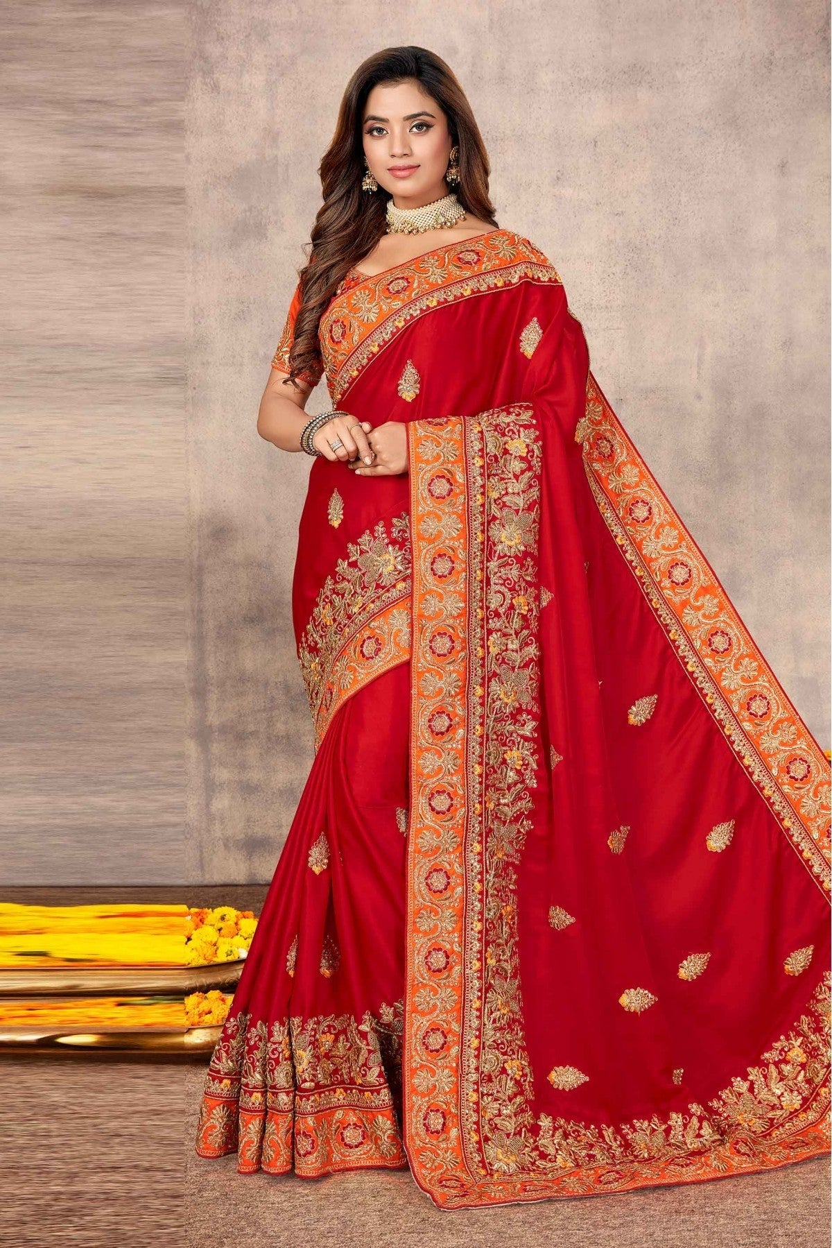 Red Colour Satin Designer Saree