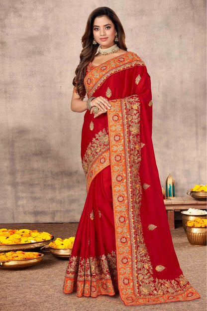 Red Colour Satin Designer Saree