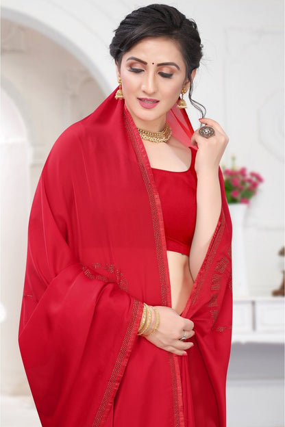 Red Colour Satin Designer Saree