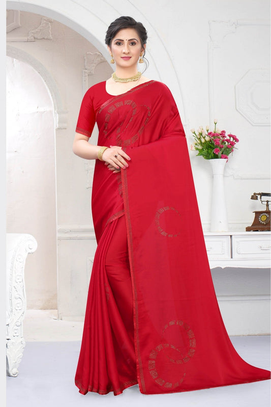 Red Colour Satin Designer Saree