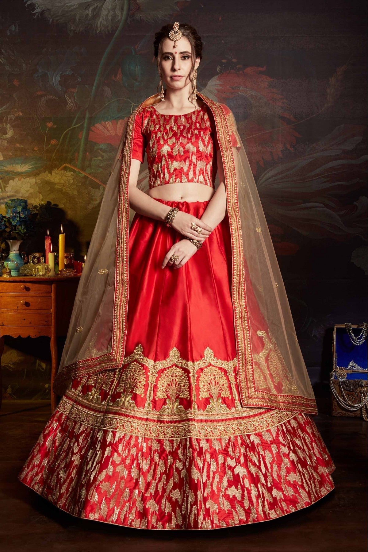 Red Colour Satin Embroidery Lehenga Choli