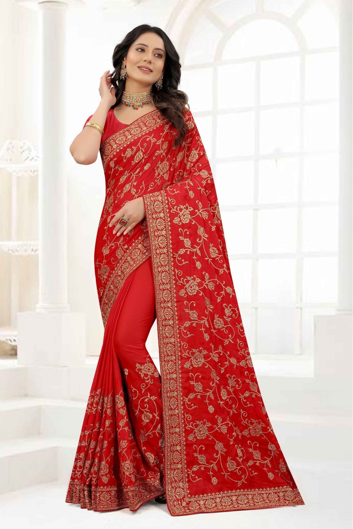 Red Colour Satin Silk Embroidery Saree