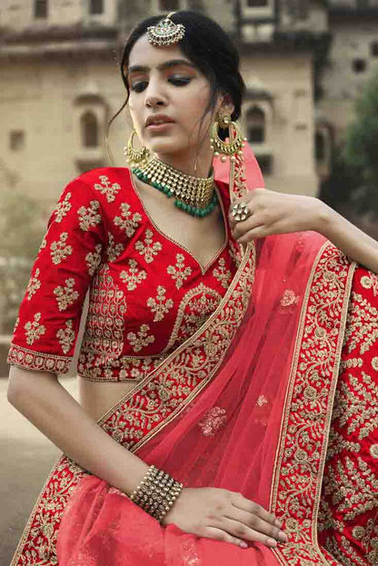 Red Colour Satin Thread Work Lehenga Choli