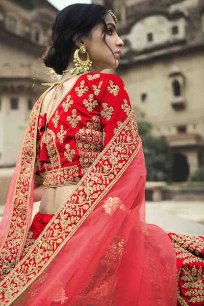 Red Colour Satin Thread Work Lehenga Choli