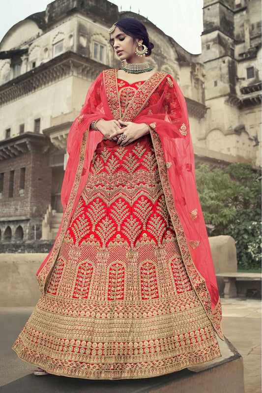 Red Colour Satin Thread Work Lehenga Choli