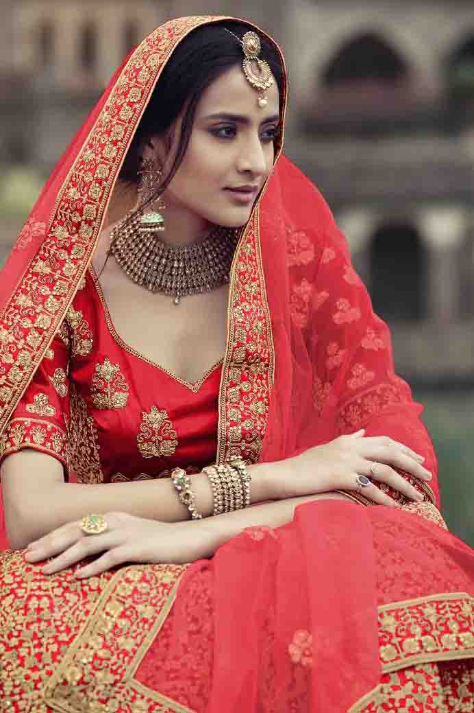 Red Colour Satin Thread Work Lehenga Choli