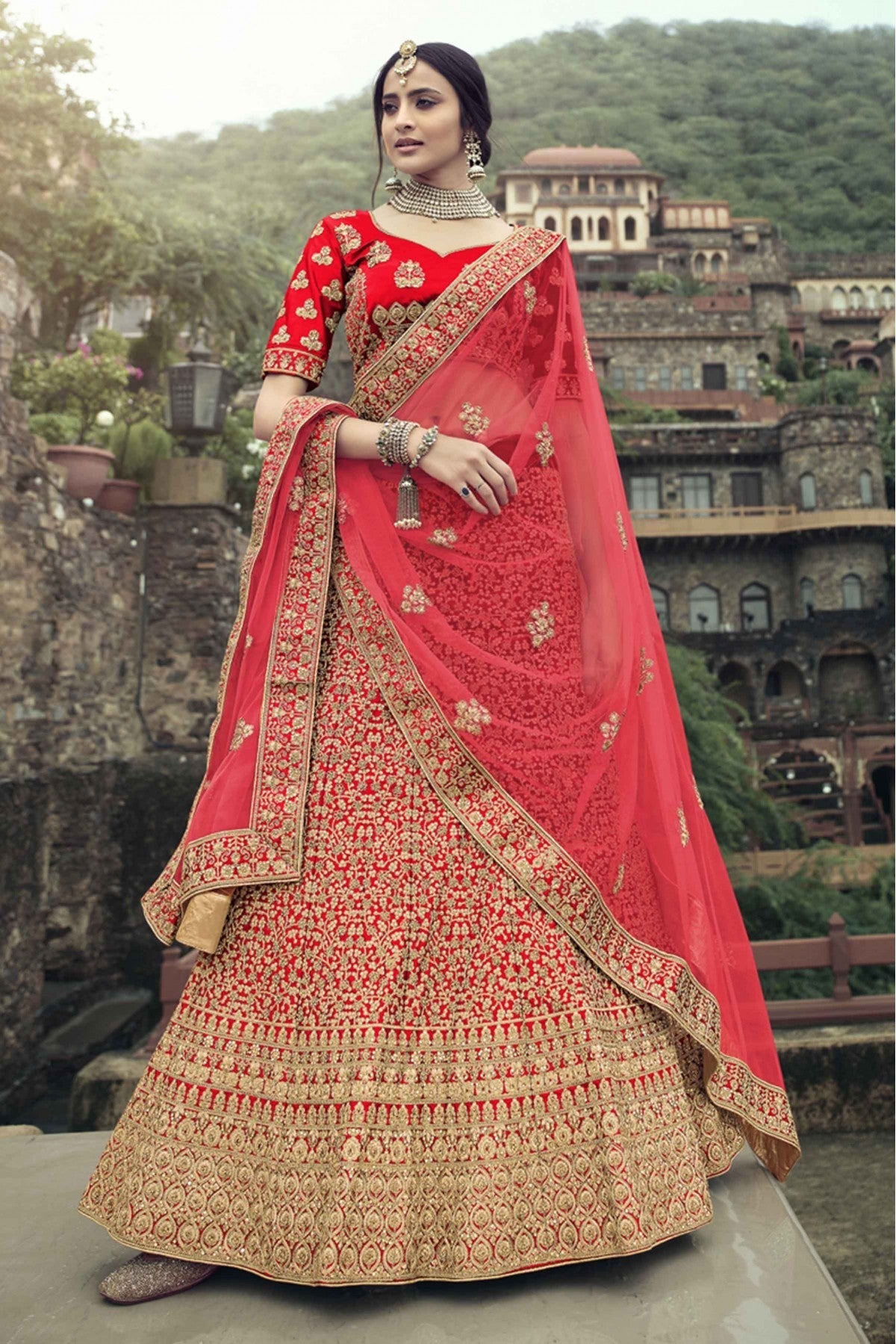 Red Colour Satin Thread Work Lehenga Choli