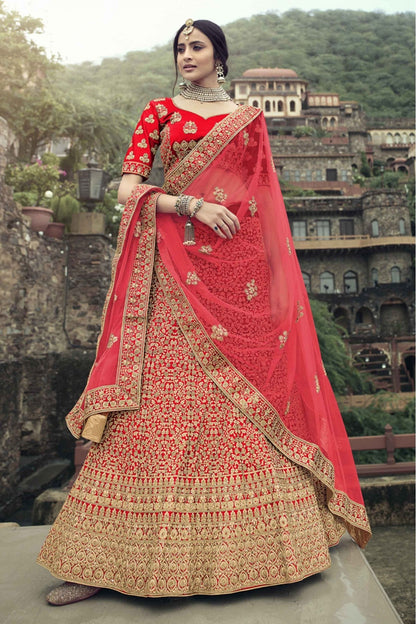 Red Colour Satin Thread Work Lehenga Choli