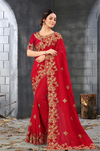 Red Colour Silk Embroidery Saree