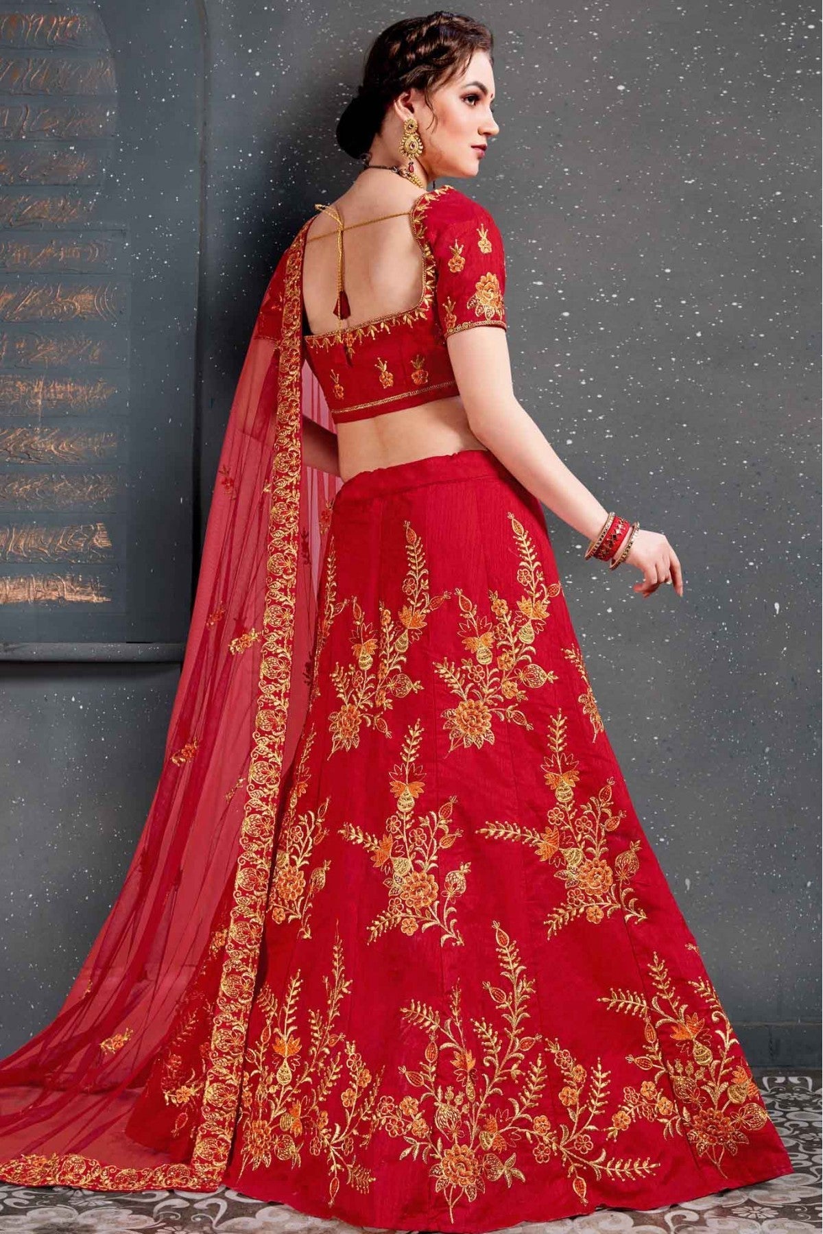 Red Colour Slub Silk Lehenga Choli