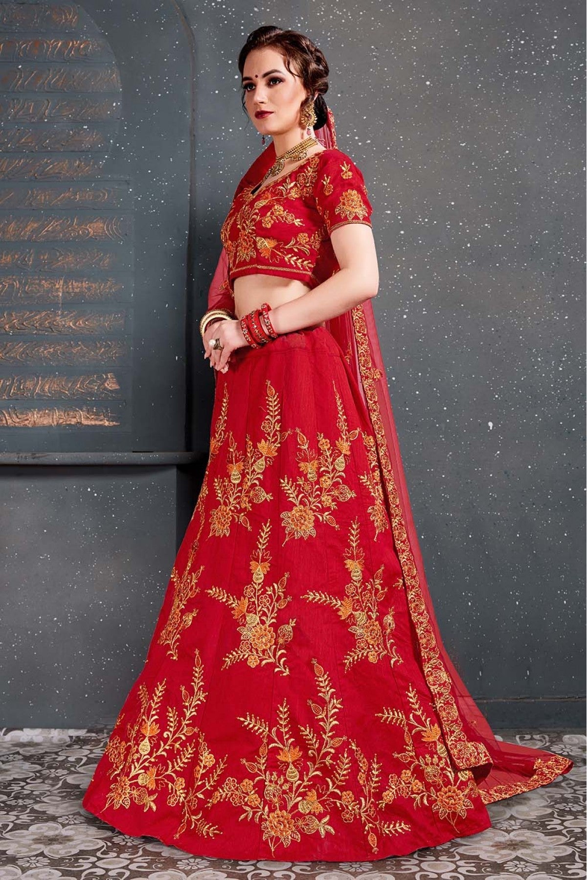 Red Colour Slub Silk Lehenga Choli