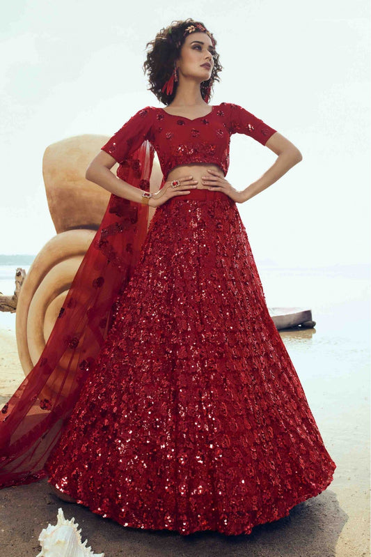 Red Colour Soft Net Embroidery Lehenga Choli