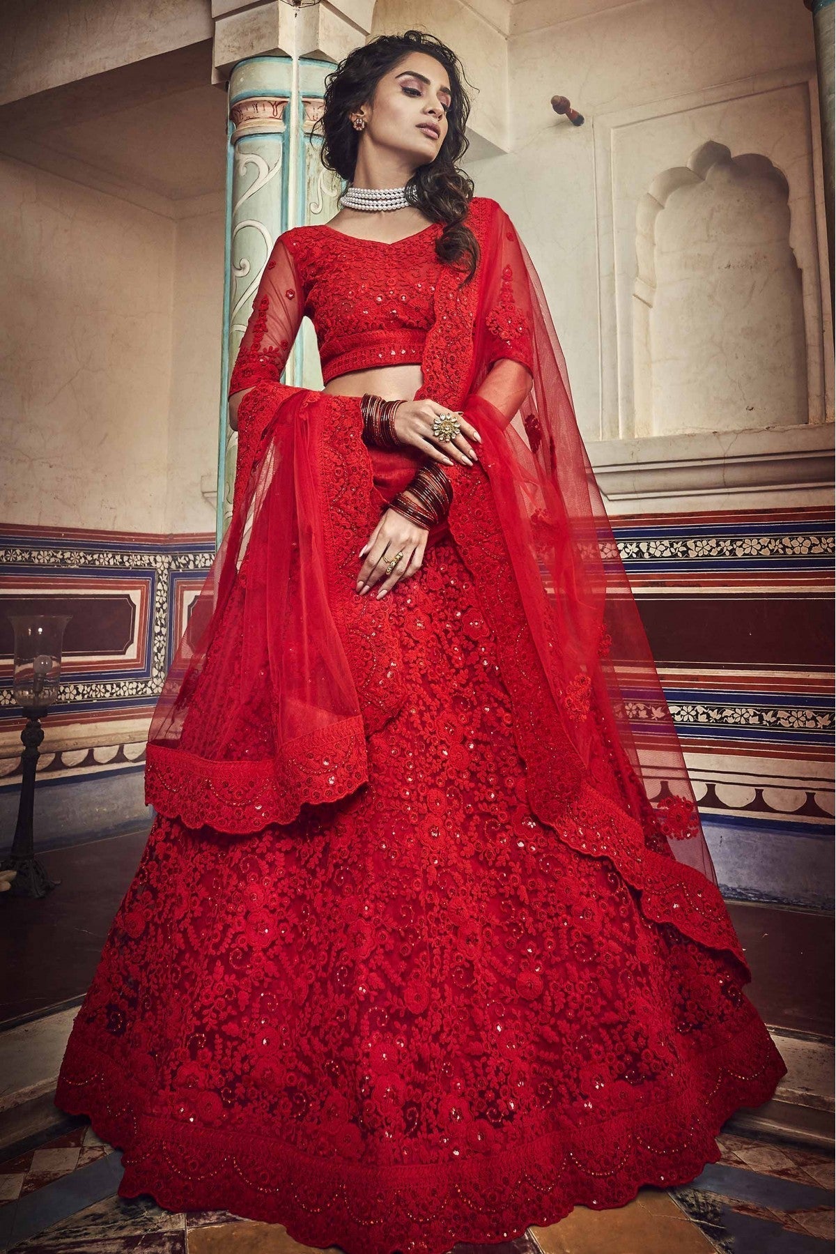 Red Colour Soft Net Sequins Work Lehenga Choli