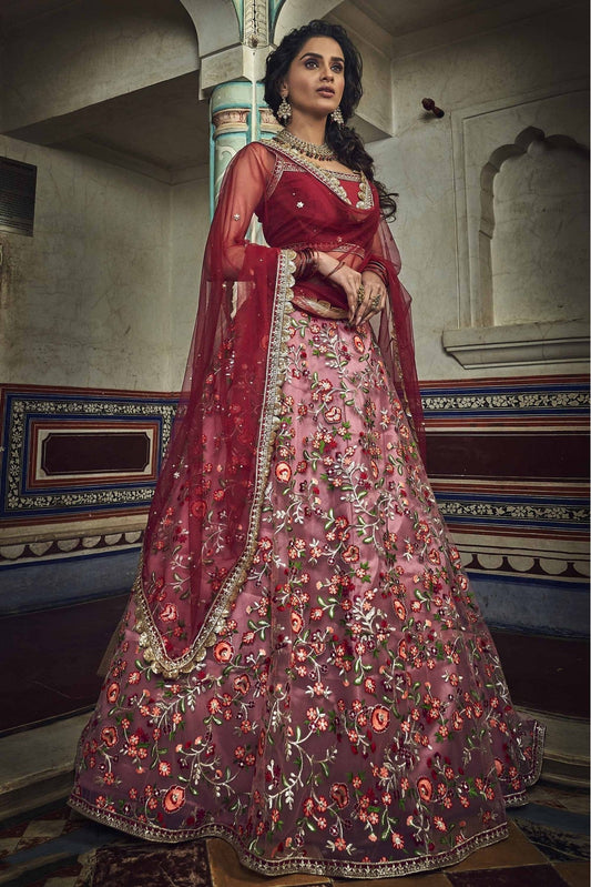 Red Colour Soft Net Thread Work Lehenga Choli