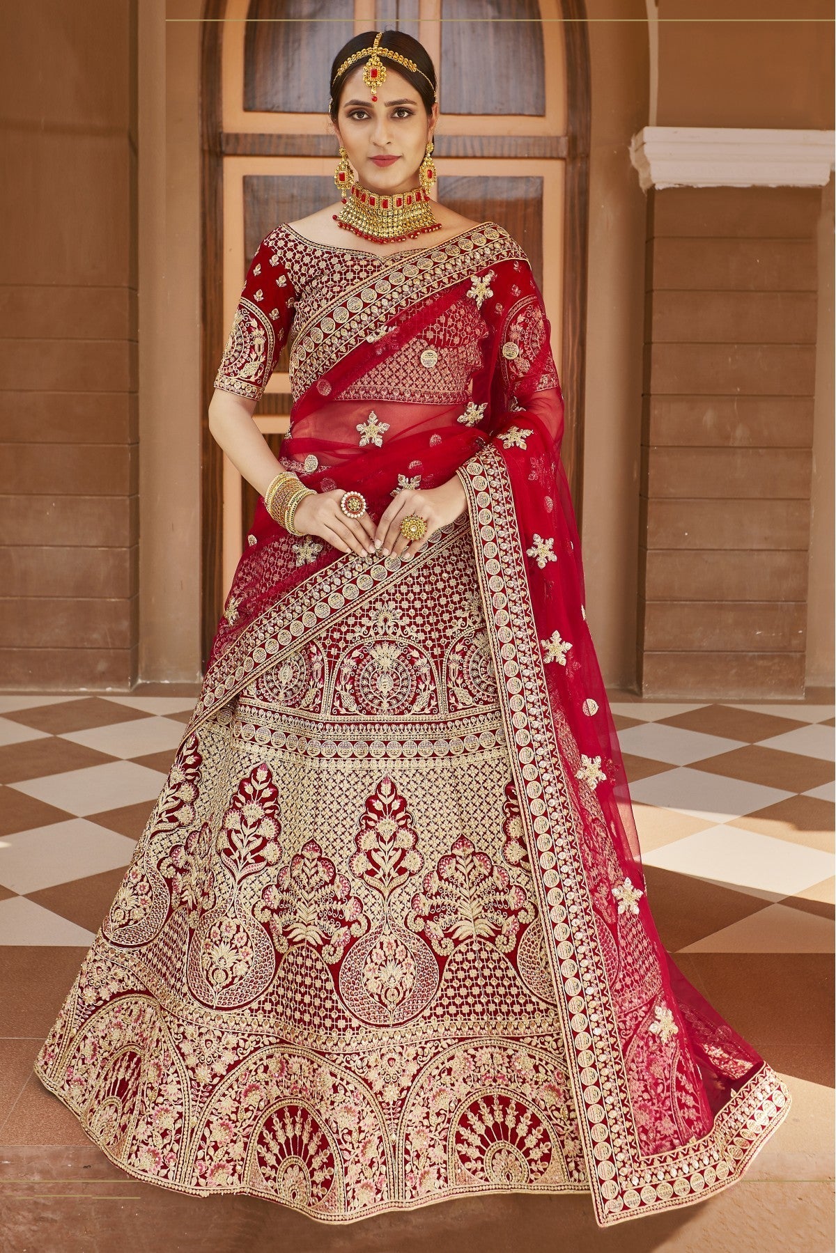 Red Colour Velvet Hand Work Bridal Lehenga Choli