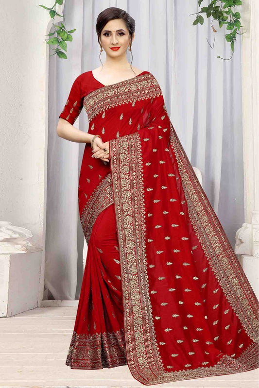 Red Colour Vichitra Silk Designer Saree