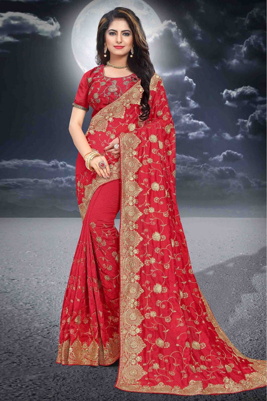 Red Colour Vichitra Silk Designer Saree