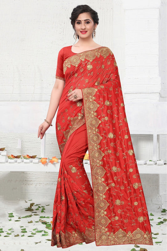 Red Colour Vichitra Silk Designer Saree