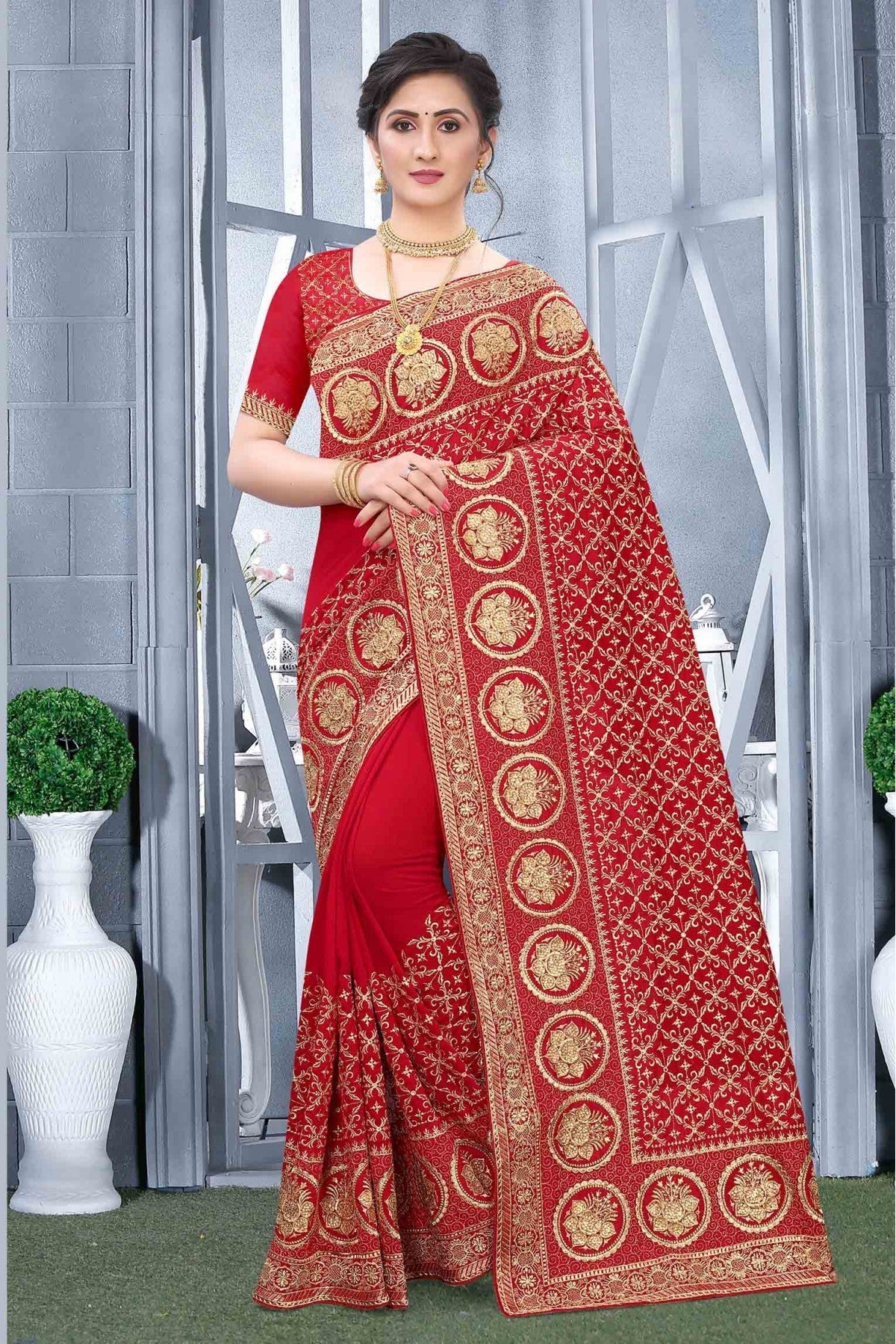 Red Colour Vichitra Silk Designer Saree