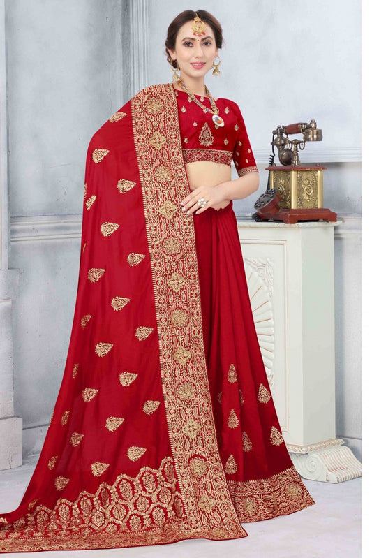 Red Colour Vichitra Silk Designer Saree