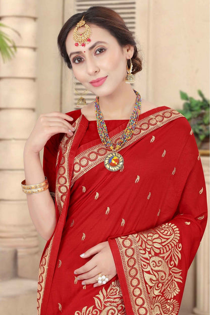 Red Colour Vichitra Silk Designer Saree