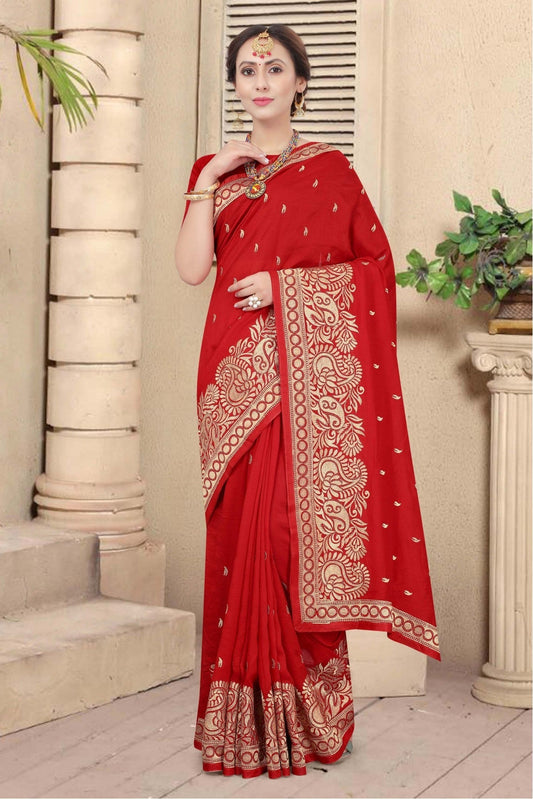 Red Colour Vichitra Silk Designer Saree