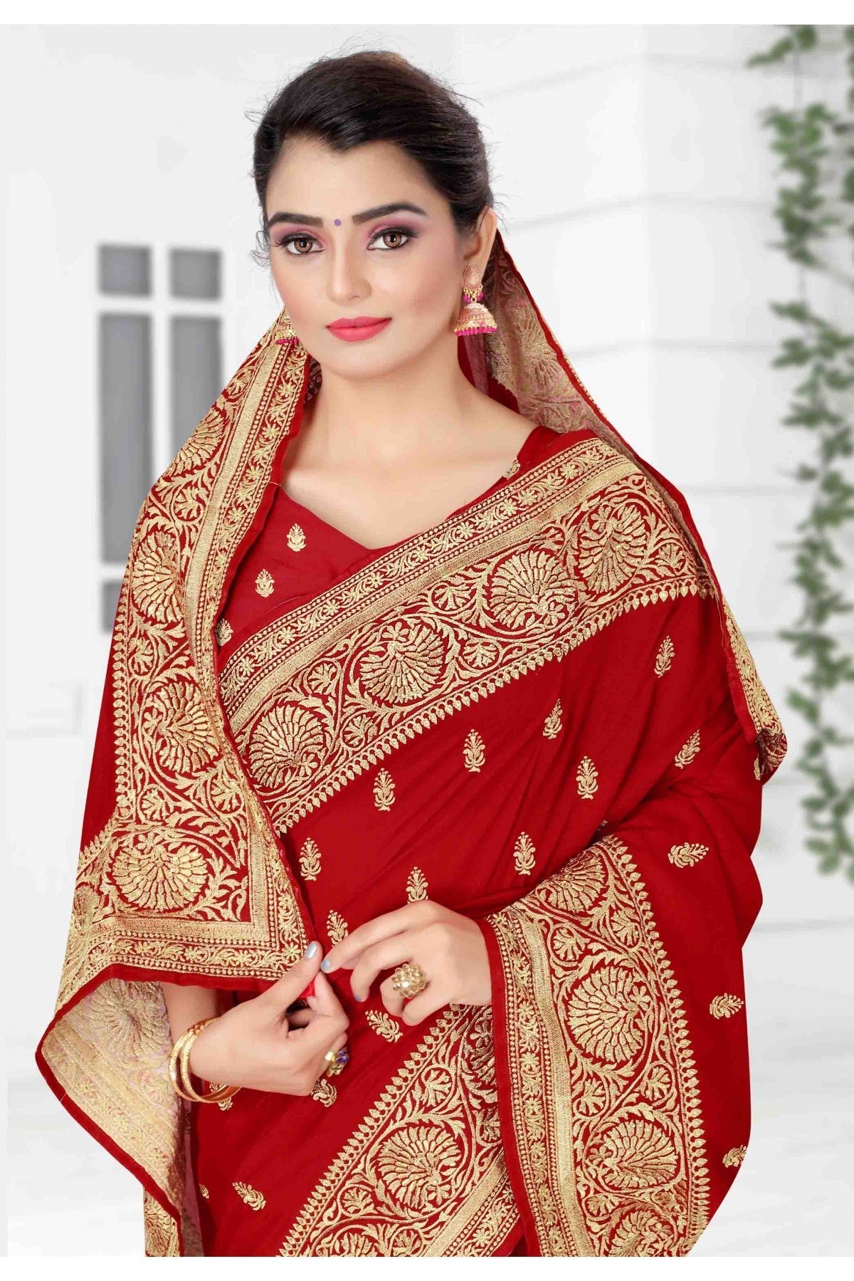 Red Colour Vichitra Silk Designer Saree