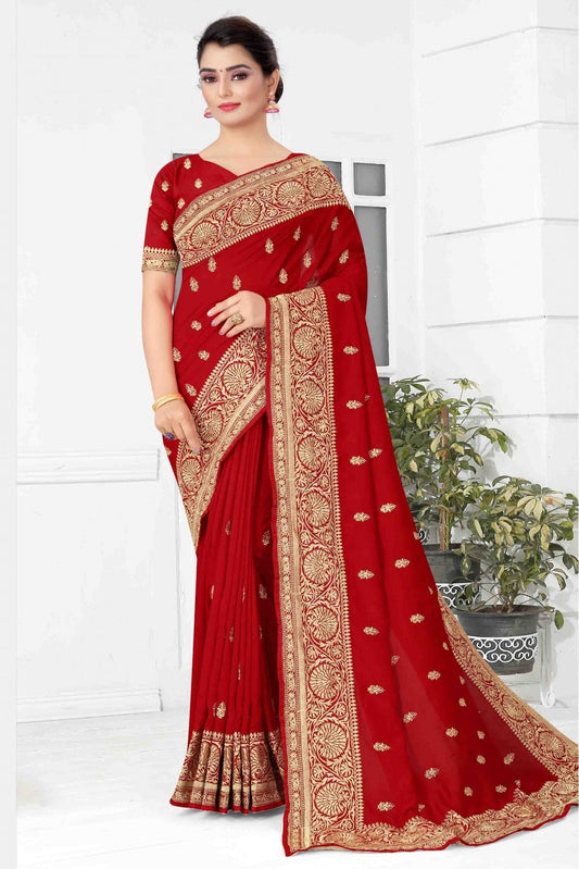 Red Colour Vichitra Silk Designer Saree