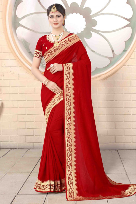 Red Colour Vichitra Silk Designer Saree